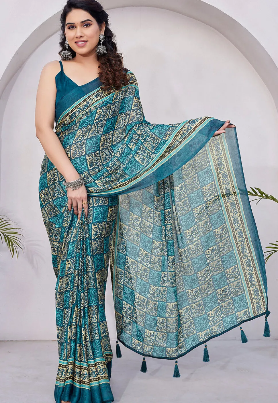 Pre-stitched Chiffon Saree in Teal Blue
