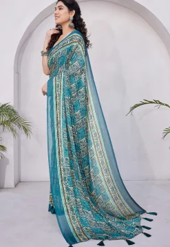Pre-stitched Chiffon Saree in Teal Blue