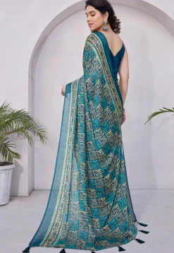 Pre-stitched Chiffon Saree in Teal Blue