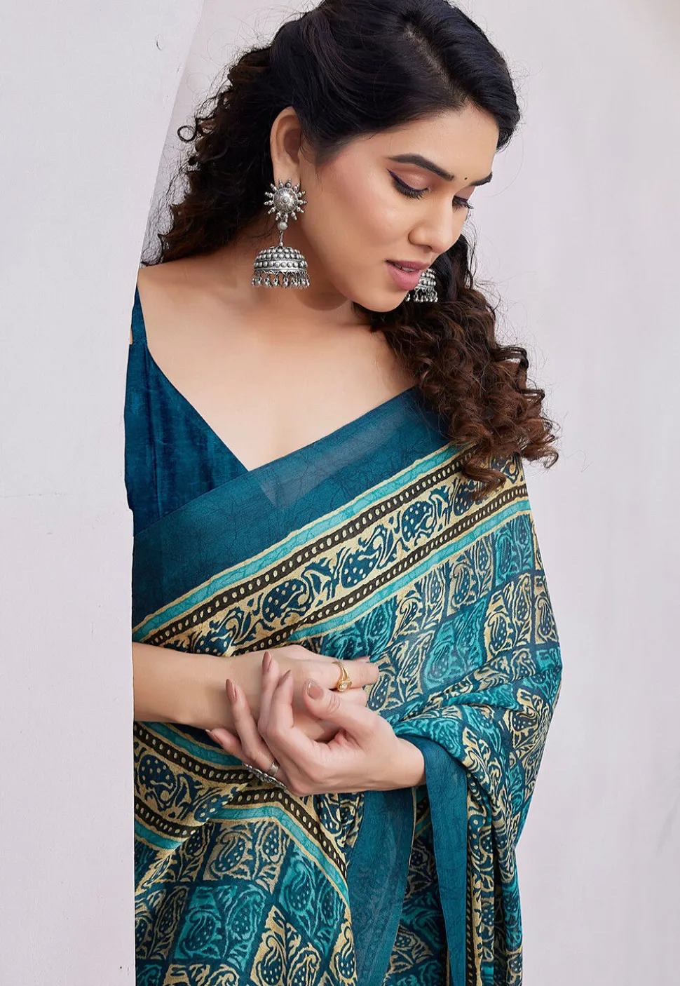 Pre-stitched Chiffon Saree in Teal Blue