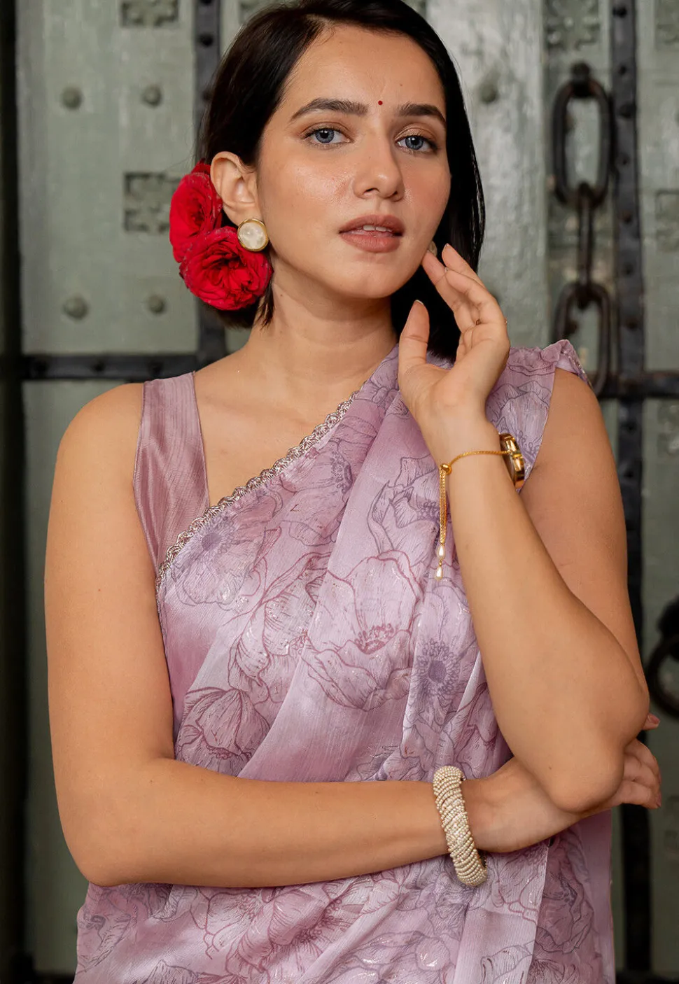 Pre-stitched Chiffon Saree in Light Purple
