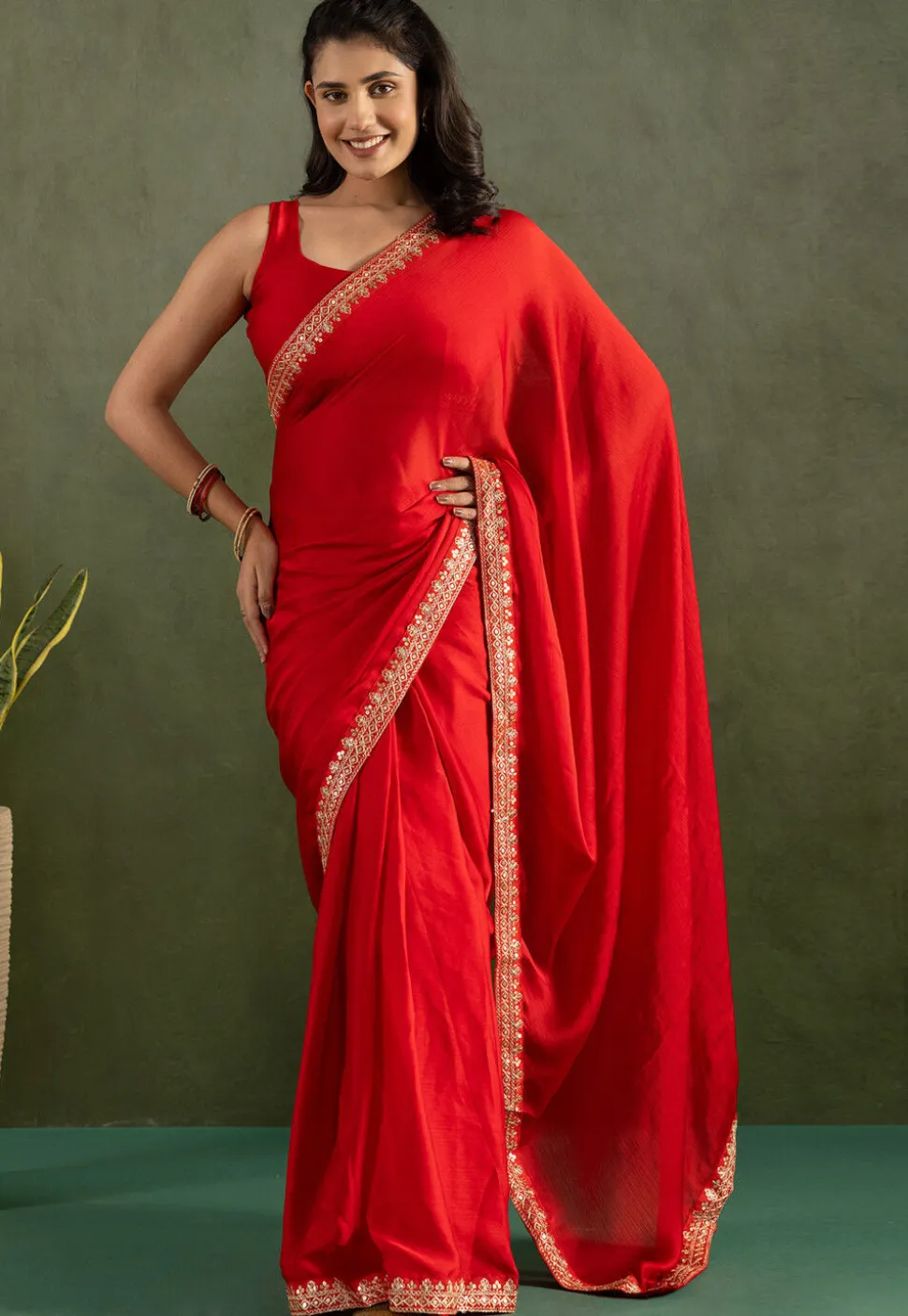 Pre-stitched Chiffon Saree in Red