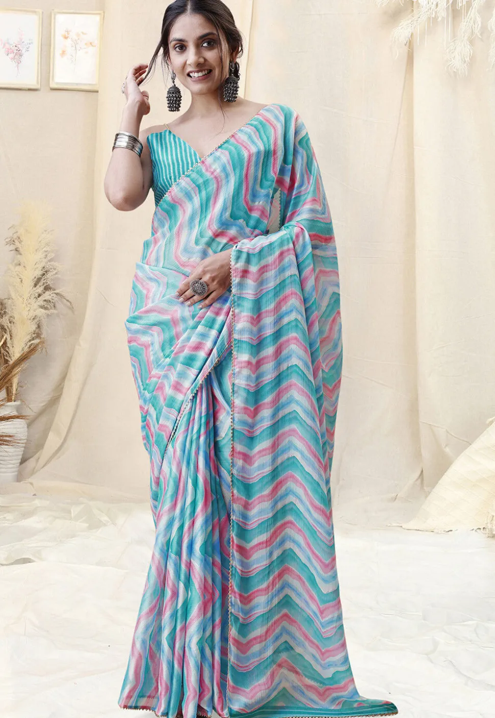 Pre-stitched Chiffon Saree in Sky Blue