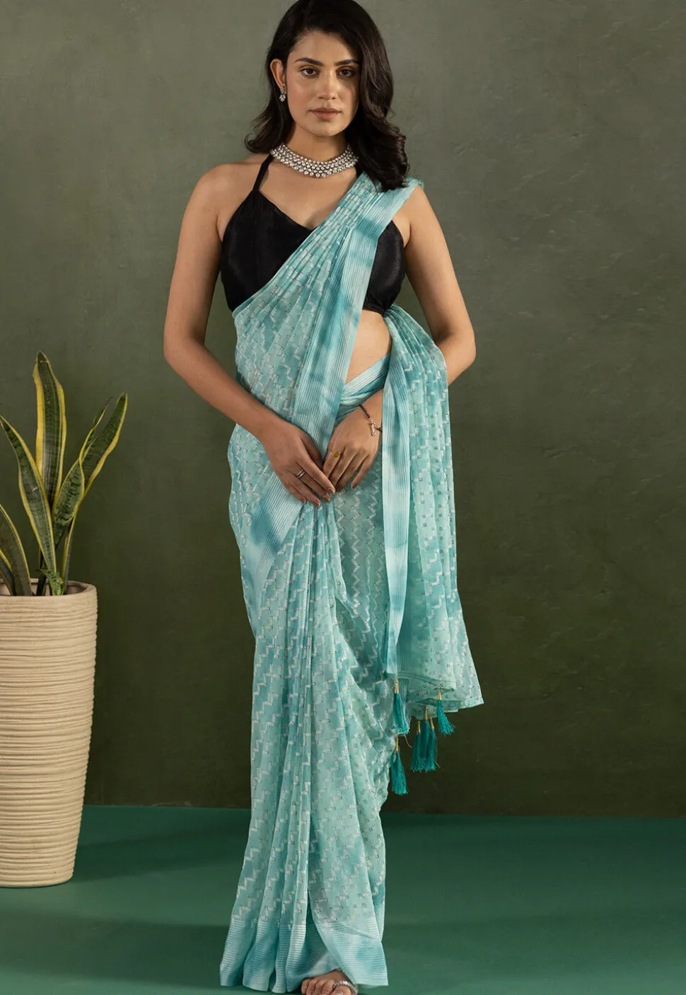 Pre-stitched Chiffon Saree in Sky Blue