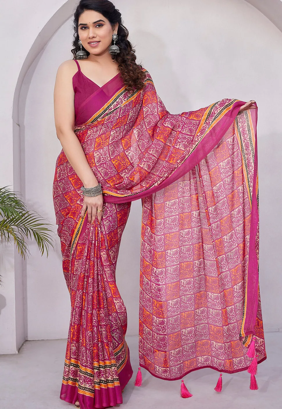 Pre-stitched Chiffon Saree in Pink