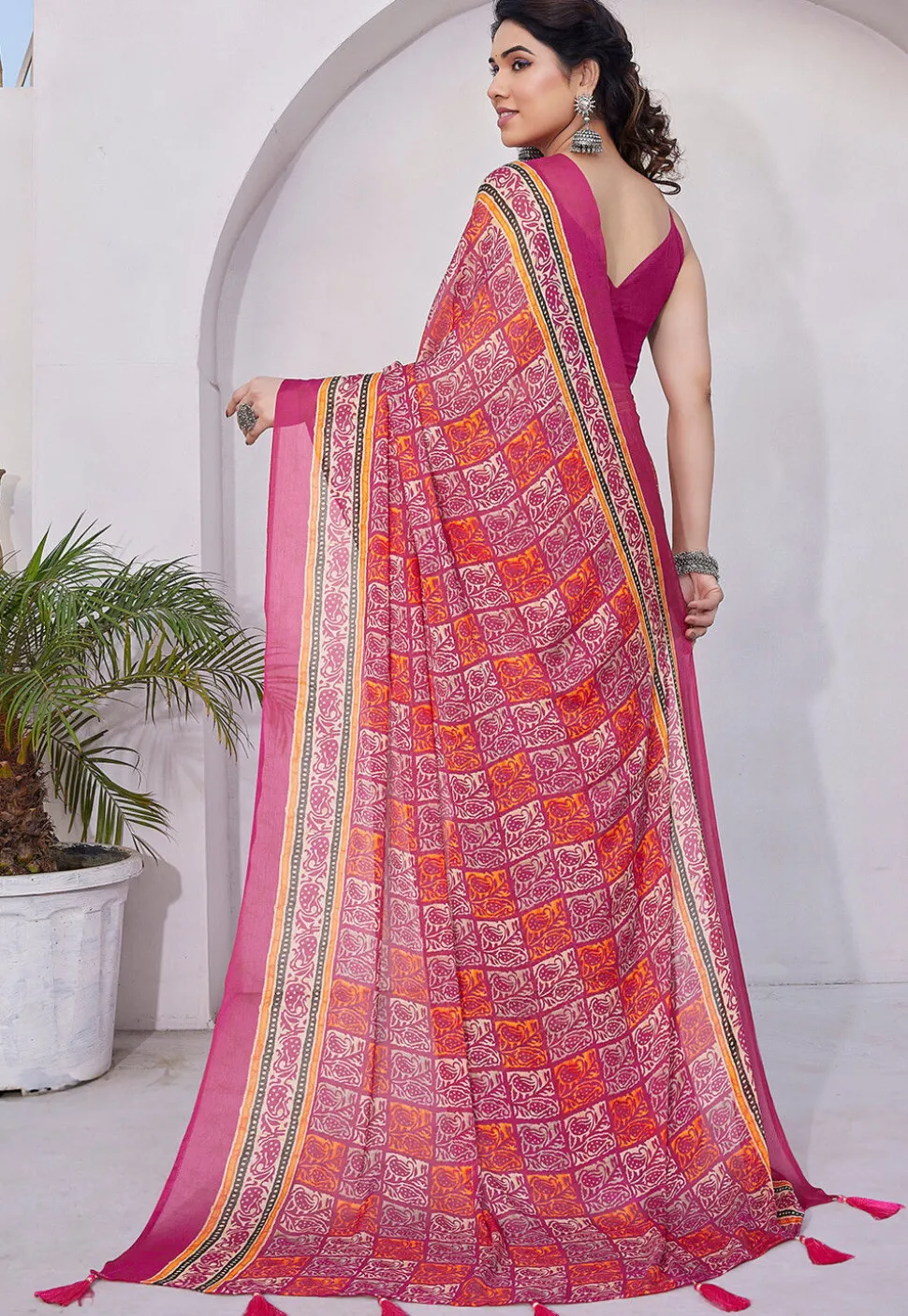 Pre-stitched Chiffon Saree in Pink