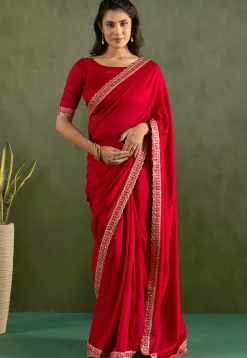 Pre-stitched Chiffon Scalloped Saree in Red