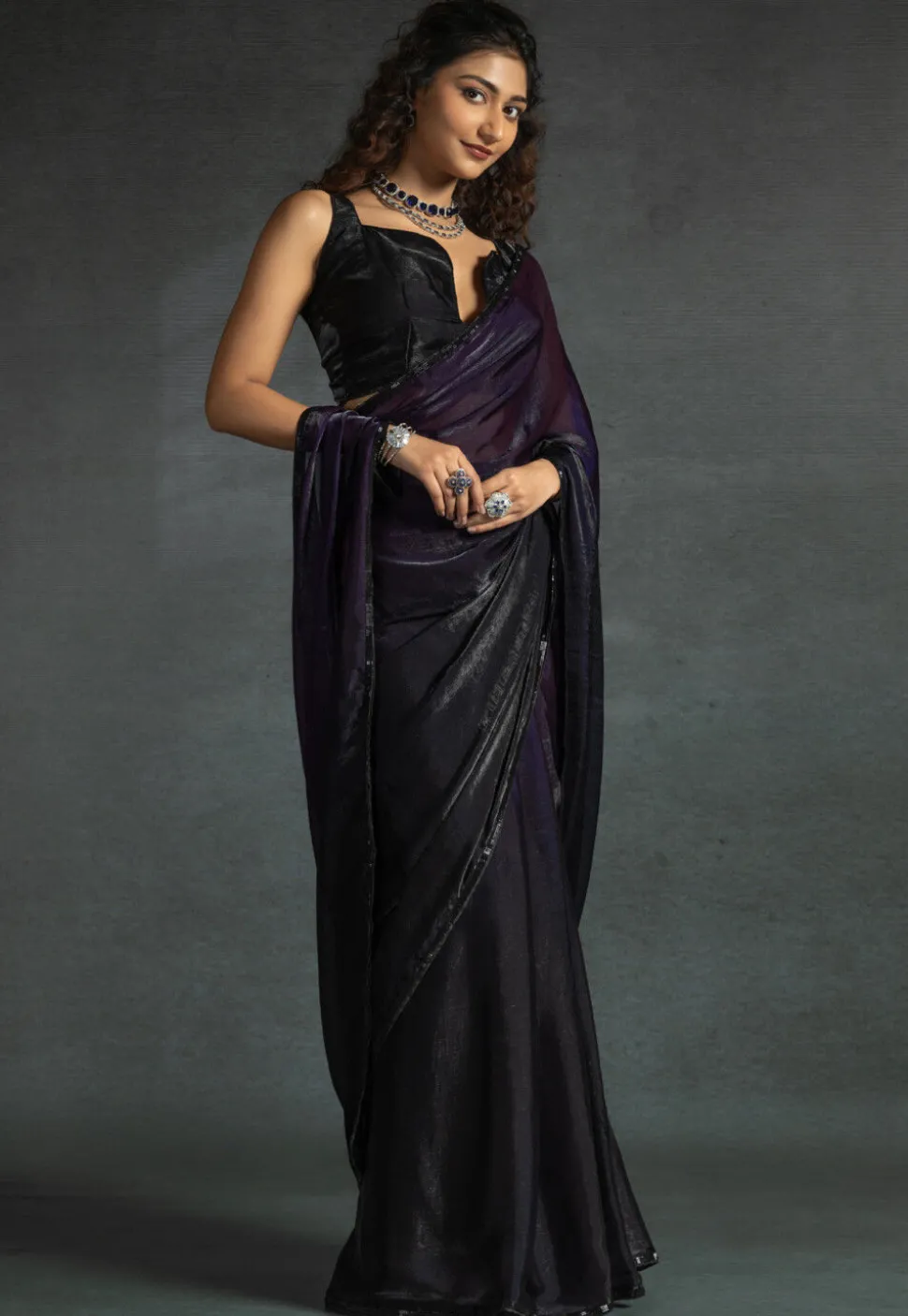 Pre-stitched Chiffon Shimmer Saree in Shaded Purple and Black