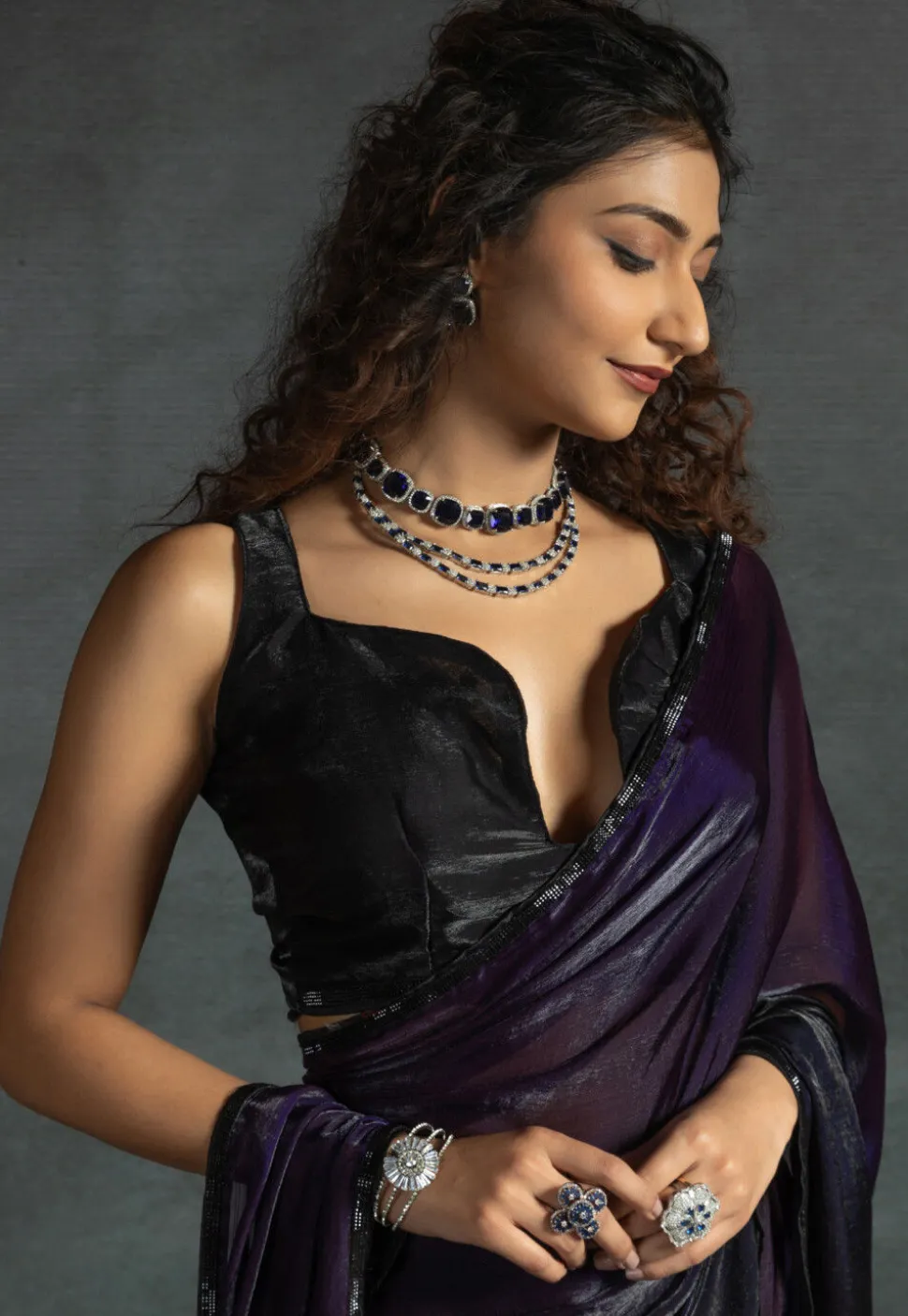 Pre-stitched Chiffon Shimmer Saree in Shaded Purple and Black