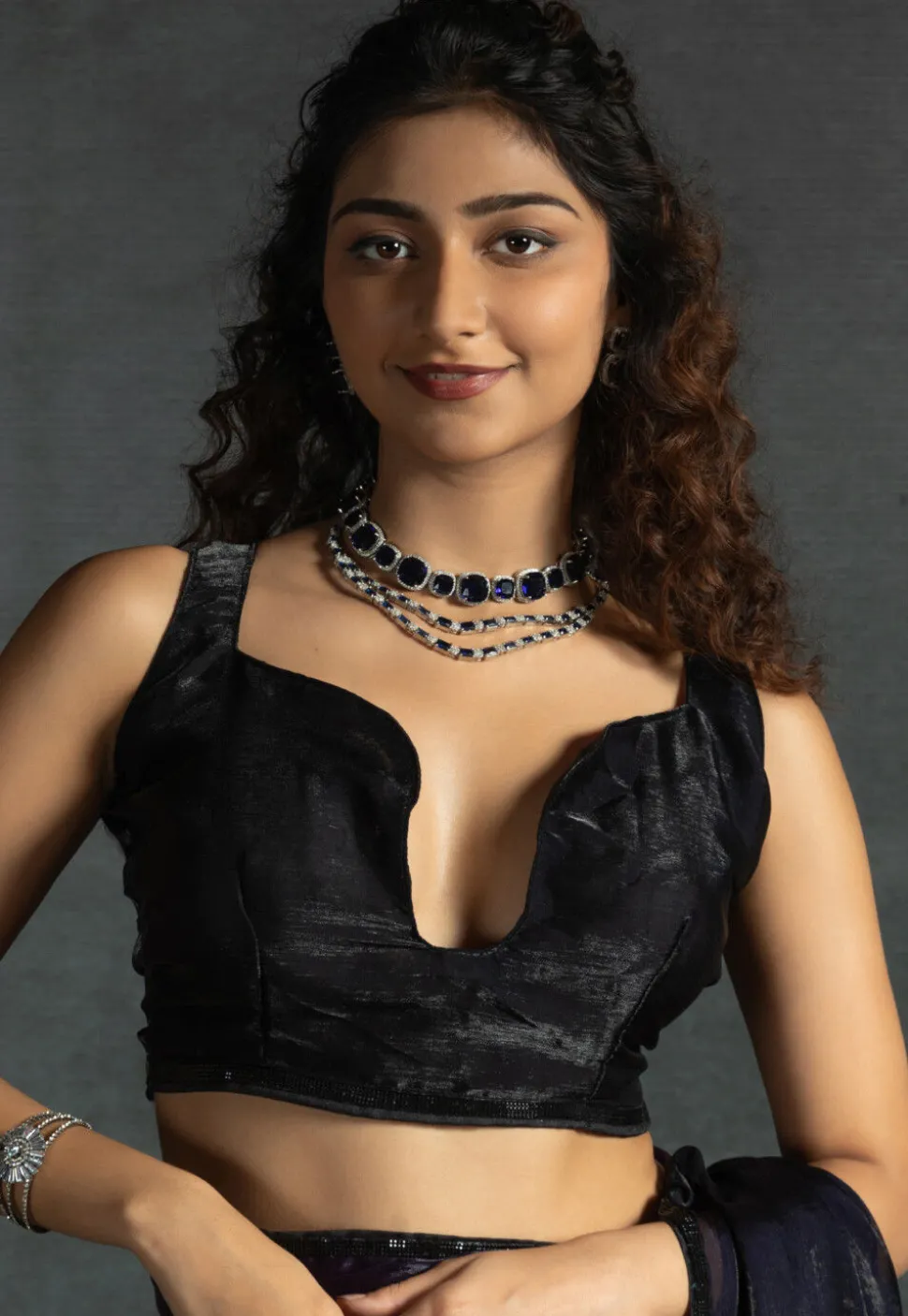 Pre-stitched Chiffon Shimmer Saree in Shaded Purple and Black
