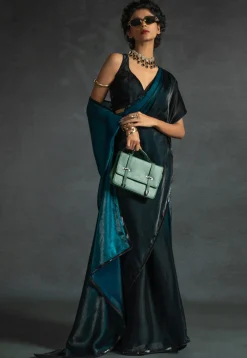 Pre-stitched Chiffon Shimmer Saree in Shaded Teal Blue and Black