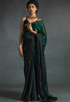 Pre-stitched Chiffon Shimmer Saree in Shaded Green and Black