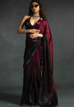 Pre-stitched Chiffon Shimmer Saree in Shaded Fuchsia and Black