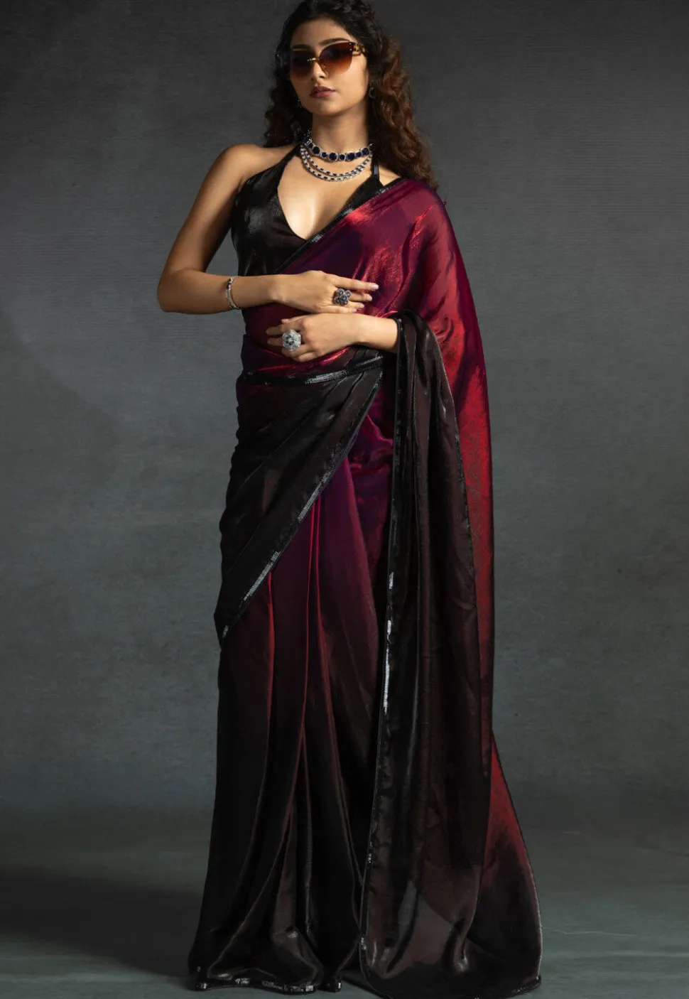 Pre-stitched Chiffon Shimmer Saree in Shaded Fuchsia and Black