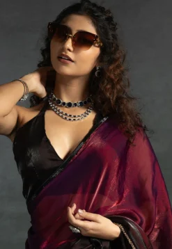 Pre-stitched Chiffon Shimmer Saree in Shaded Fuchsia and Black