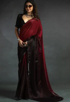 Pre-stitched Chiffon Shimmer Saree in Shaded Maroon and Black