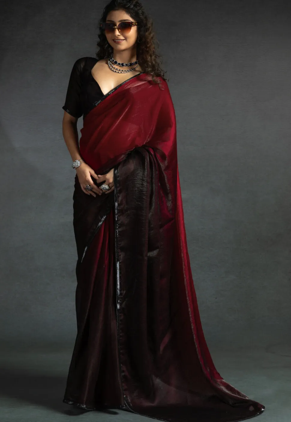 Pre-stitched Chiffon Shimmer Saree in Shaded Maroon and Black