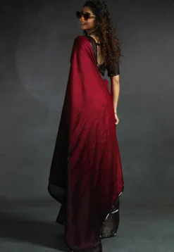 Pre-stitched Chiffon Shimmer Saree in Shaded Maroon and Black