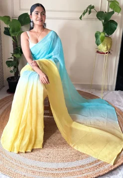 Pre-stitched Chinon Chiffon Saree in Shaded Blue and Yellow
