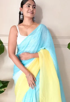 Pre-stitched Chinon Chiffon Saree in Shaded Blue and Yellow