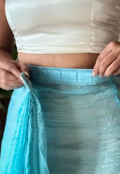 Pre-stitched Chinon Chiffon Saree in Shaded Blue and Yellow