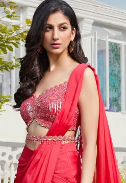 Pre-stitched Chinon Chiffon Saree in Red