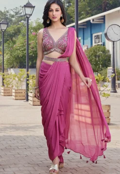 Pre-stitched Chinon Chiffon Saree in Pink