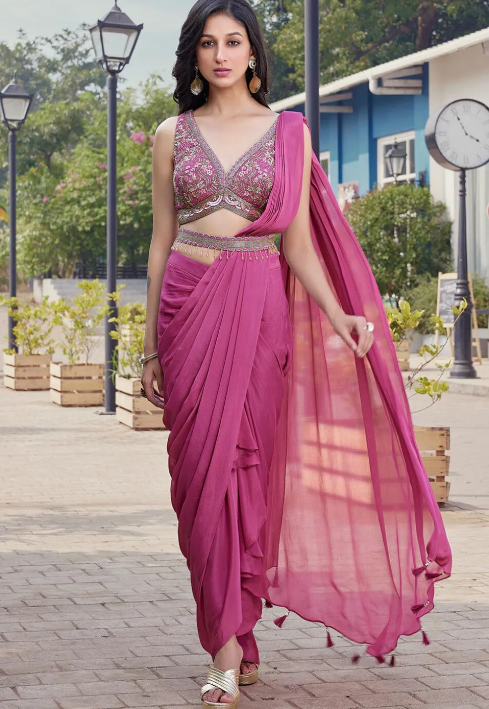 Pre-stitched Chinon Chiffon Saree in Pink