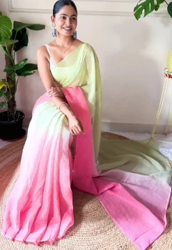 Pre-stitched Chinon Chiffon Saree in Shaded Light Green and Pink