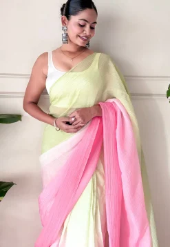 Pre-stitched Chinon Chiffon Saree in Shaded Light Green and Pink