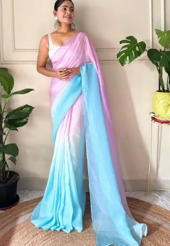 Pre-stitched Chinon Chiffon Saree in Shaded Pink and Blue
