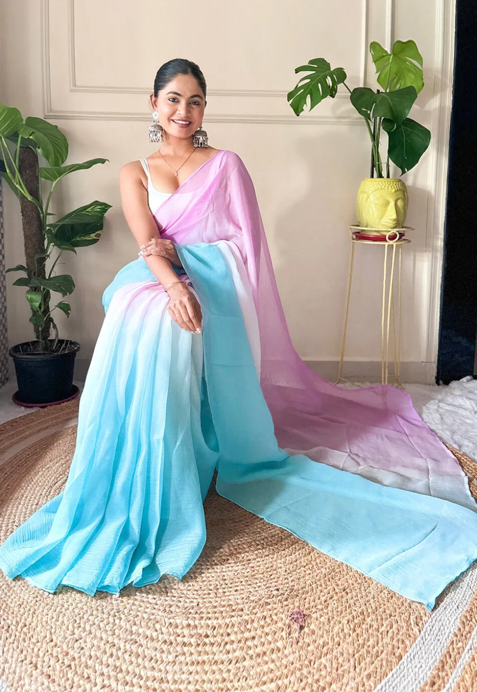 Pre-stitched Chinon Chiffon Saree in Shaded Pink and Blue