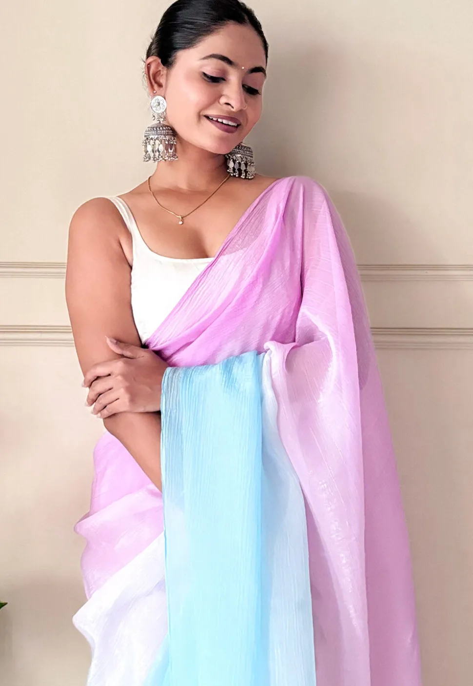 Pre-stitched Chinon Chiffon Saree in Shaded Pink and Blue