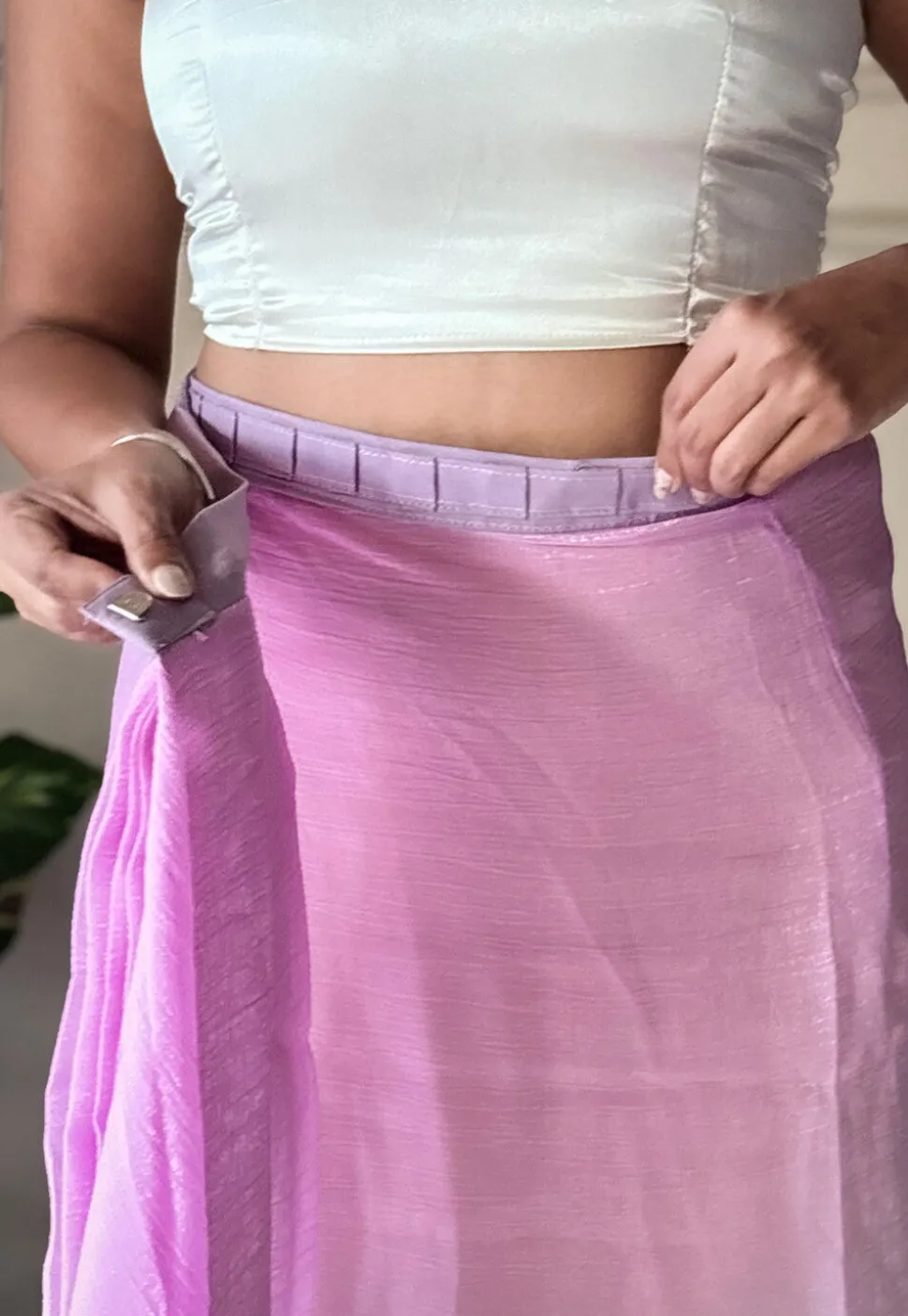 Pre-stitched Chinon Chiffon Saree in Shaded Pink and Blue