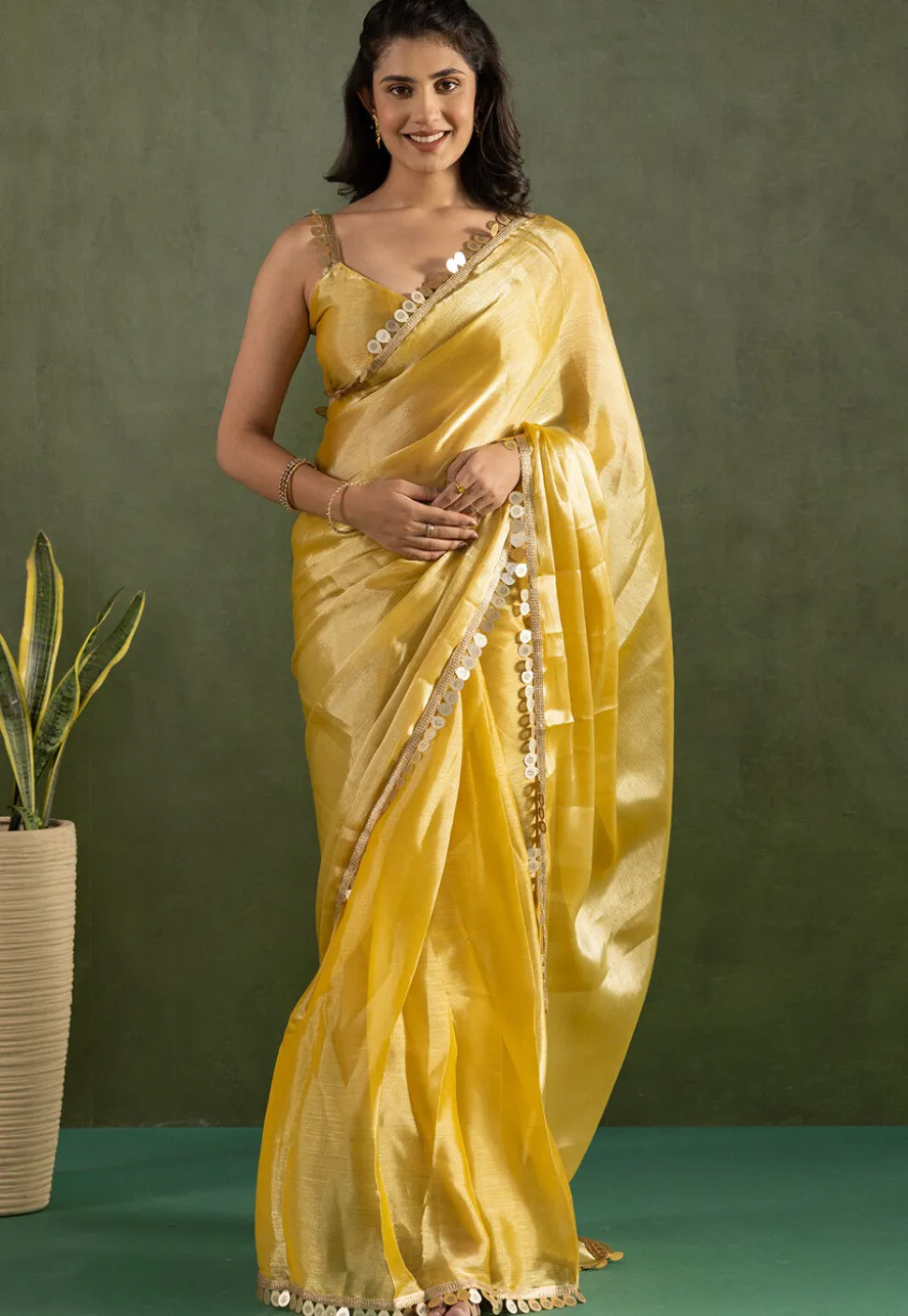 Pre-stitched Chinon Chiffon Saree in Yellow