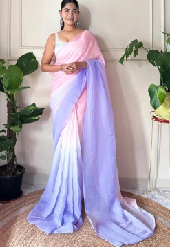 Pre-stitched Chinon Chiffon Saree in Shaded Peach and Purple