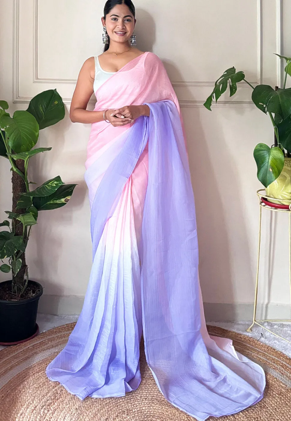 Pre-stitched Chinon Chiffon Saree in Shaded Peach and Purple