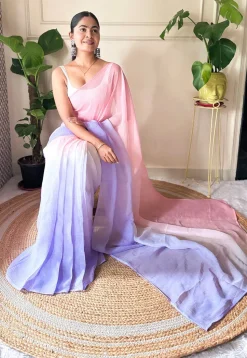Pre-stitched Chinon Chiffon Saree in Shaded Peach and Purple