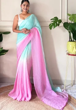 Pre-stitched Chinon Chiffon Saree in Shaded Sea Green and Pink