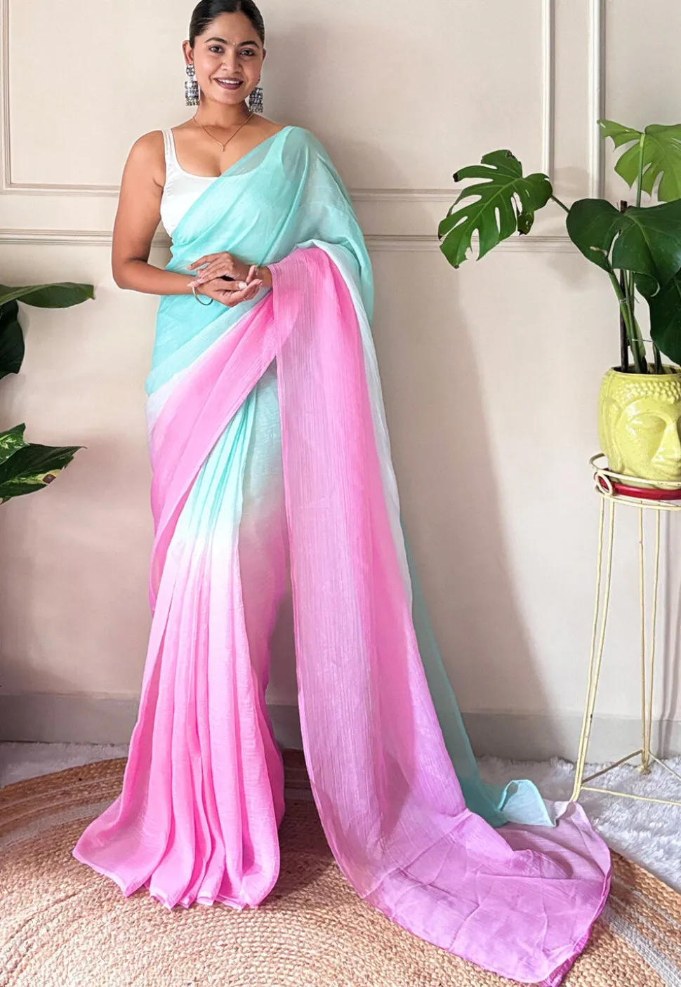 Pre-stitched Chinon Chiffon Saree in Shaded Sea Green and Pink