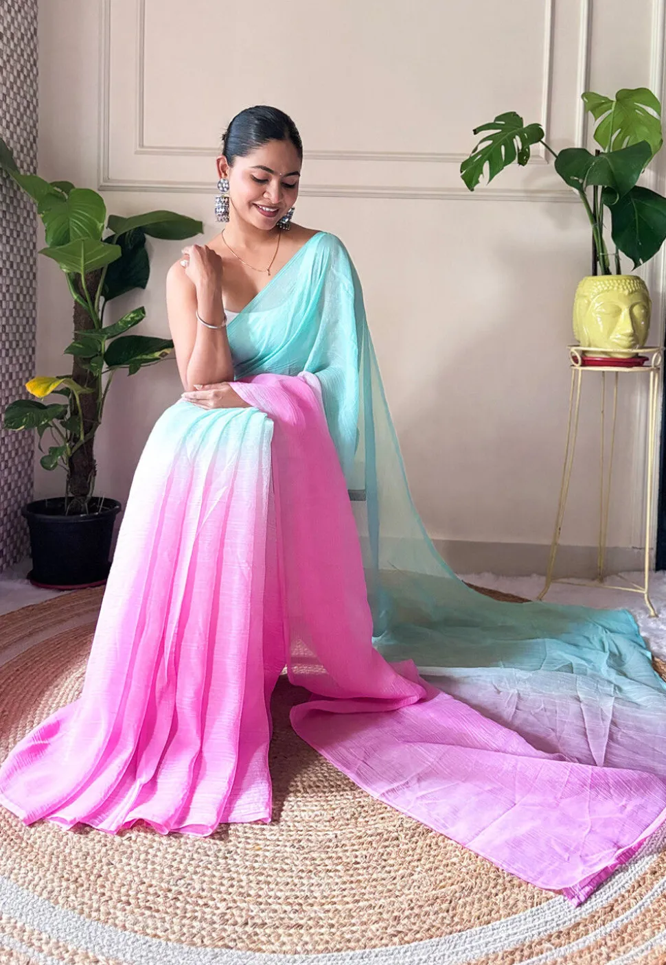Pre-stitched Chinon Chiffon Saree in Shaded Sea Green and Pink