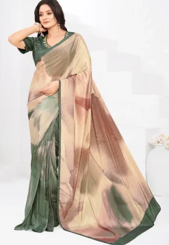 Pre-stitched Crepe Saree in Beige and Dusty Green