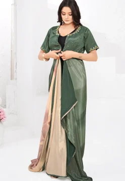 Pre-stitched Crepe Saree in Beige and Dusty Green