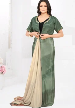 Pre-stitched Crepe Saree in Beige and Dusty Green