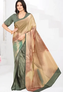 Pre-stitched Crepe Saree in Beige and Dusty Green
