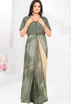 Pre-stitched Crepe Saree in Beige and Dusty Green