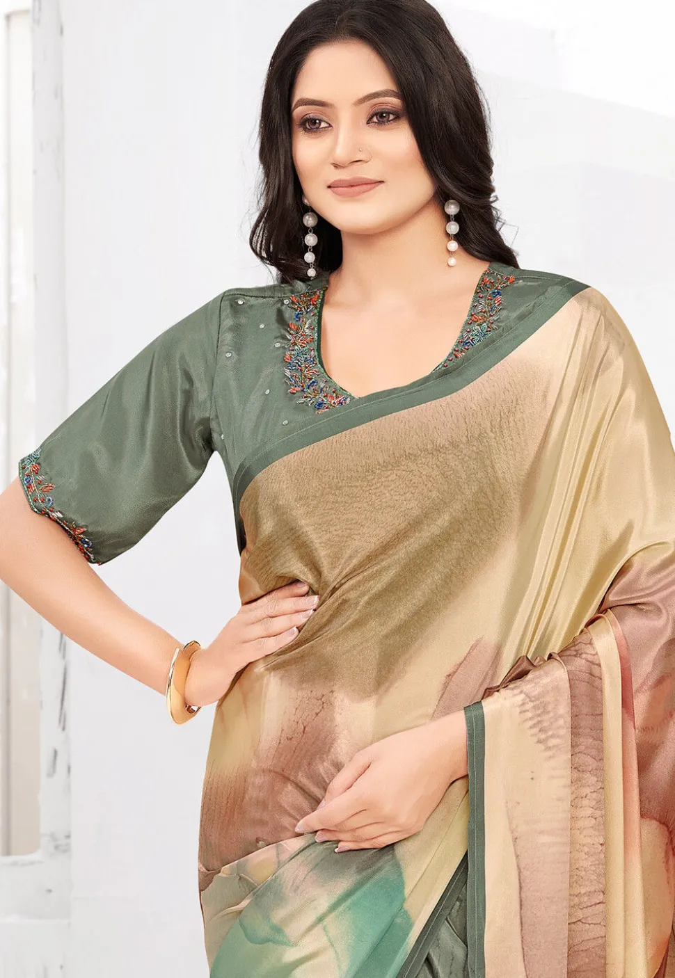 Pre-stitched Crepe Saree in Beige and Dusty Green