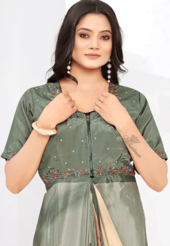 Pre-stitched Crepe Saree in Beige and Dusty Green
