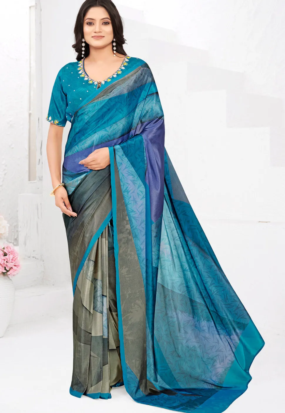 Pre-stitched Crepe Saree in Blue