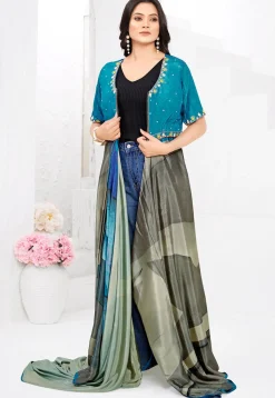 Pre-stitched Crepe Saree in Blue